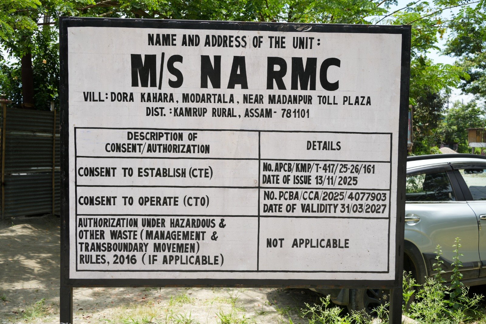 Statutory consent board at the NA RMC plant gate showing CTE and CTO details